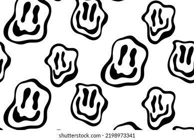 Various melting smiling Faces black white. Hand drawn abstract vector seamless pattern. Background, wrapping paper