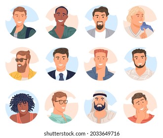 Various men avatar of diverse business team flat design vector collection. Bundle of joyful smiling colleagues.