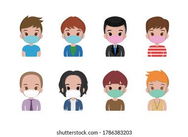 Various men, boys, wearing face mask, colds, cute illustrations, set
