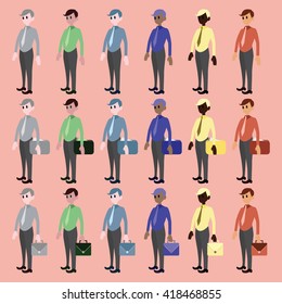 various men in suits and trousers , with a briefcase and folders with papers