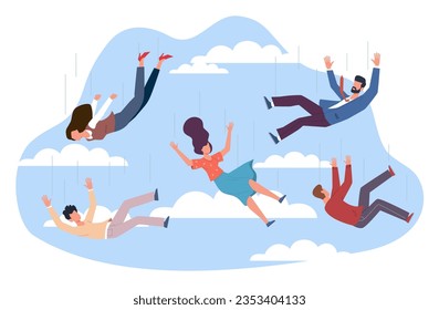 Various men and women fall in sky among clouds. Falling characters in different poses. Movement in air. People in flight motion posture. Cartoon flat style isolated vector concept