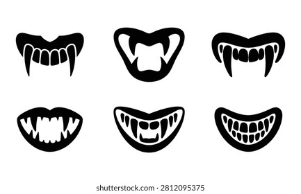Various menacing mouths with sharp teeth and fangs, scary and monstrous elements for horror characters.
