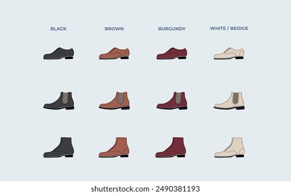 Various Men's Dress Shoes in Different Colors. Men's dress shoes in various styles and colors: black, brown, burgundy, and white,beige. Includes oxfords, Chelsea boots, ankle boots.Vector illustration