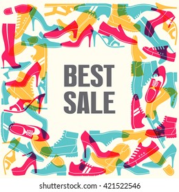 Various men's and women's shoes in the form of frames. Shoes sale, shopping. Vector color illustration.