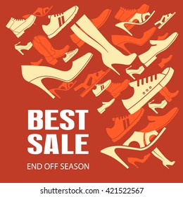 Various men's and women's shoes. Shoes sale, shopping. Vector color illustration.