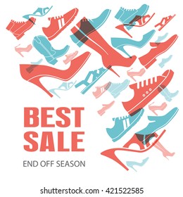 Various men's and women's shoes. Shoes sale, shopping. Vector color illustration.