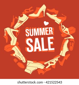 Various men's and women's shoes in the shape of a circle. Shoes sale, shopping. Vector color illustration.