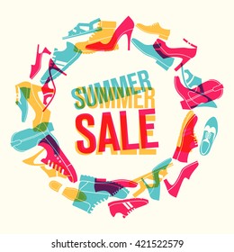 Various men's and women's shoes in the shape of a circle. Shoes sale, shopping. Vector color illustration.