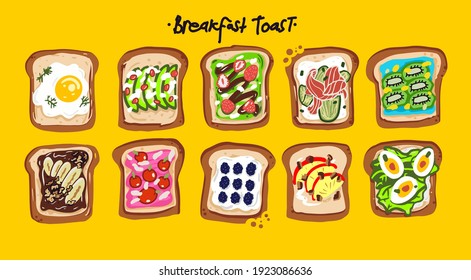 Various Menu Tasty breakfast. Healthy food concept. Various toasts. Fried and steamed eggs, fish, salmon, avocado slices, sweet berries, chocolate banana, olives, cream cheese. Vector set