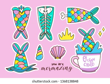 Various mermaid tails, shells and cup. Hand drawn vector set. Pre-made stickers. Colorful trendy illustration. Flat design. All elements are isolated