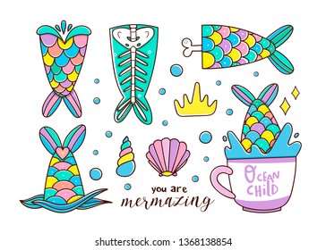 Various mermaid tails, shells and cup. Hand drawn vector set. Colorful trendy illustration. Flat design. All elements are isolated