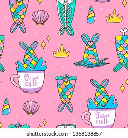 Various mermaid tails, shells and cup. Hand drawn vector seamless pattern. Colorful trendy illustration. Flat design. Pink background