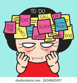 Various Messages On Sticky Notes Placed On Stressed Lady Head Concept Cartoon Character illustration