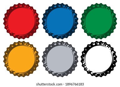 Various metal caps for bottles. Set of vector color illustrations. Template for logo design, corporate style, business card, poster, website.