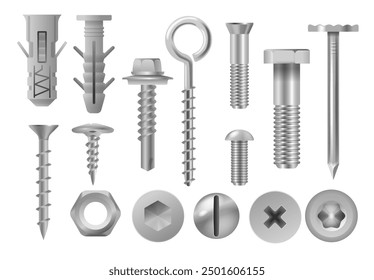 Diversos Sujetadores Metálicos Incluyendo Tornillos, Pernos Y Tuercas Para Industrial, Construcción E Ingeniería. Imagen de Vector 3D