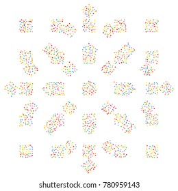 Various metallic confetti background of random scatter rainbow geometric figures isolated on white.