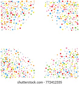 Various metallic confetti frame or border of random scatter rainbow geometric figures isolated on white.