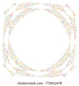 Various metallic confetti frame or border of random scatter rainbow geometric figures isolated on white.