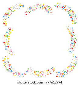 Various metallic confetti frame or border of random scatter rainbow geometric figures isolated on white.