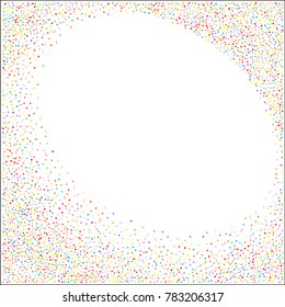 Various metallic confetti frame or border of random scatter rainbow geometric figures isolated on white.
