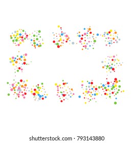 Various metallic confetti frame or border of random scatter rainbow geometric figures isolated on white.