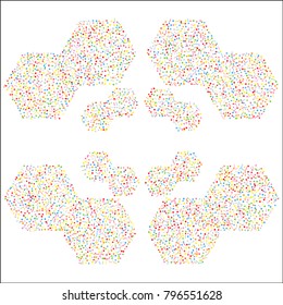 Various metallic confetti frame or border of random scatter rainbow geometric figures isolated on white.