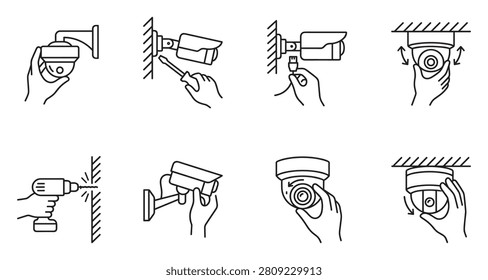 Various methods for mounting and aiming surveillance cameras, including drilling, screwing, and manual positioning.