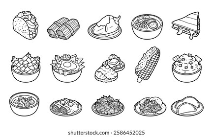 Various mexican foods outline vector illustration set