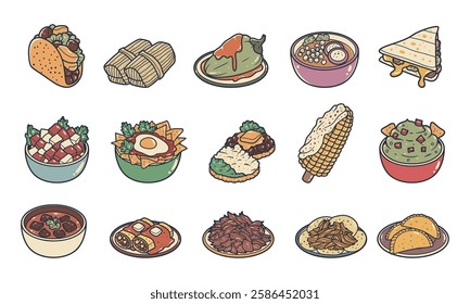 Various mexican foods vector illustration set