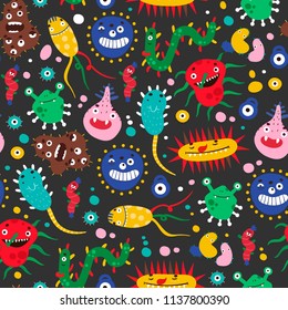 Various micro monsters and bacterias. Hand drawn vector seamless pattern. Black background