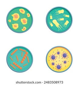 Various microorganism icons set cartoon vector. Bacteria, virus and protozoa. Microbiology, microbiota