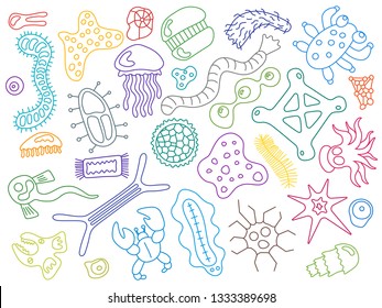 Various microorganisms on white background pattern. Backdrop infectious germs, protists, microbes, disease causing bacteria, viruses. Biodiversity plankton. Colorful vector line illustration wallpaper