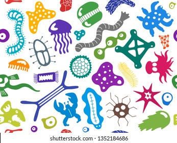 Various microorganisms seamless pattern. Backdrop with infectious germs, protists, microbes, disease causing bacteria, viruses. Biodiversity plankton. Colorful vector illustration for wallpaper