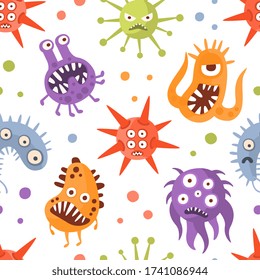 Various Microorganisms Seamless Pattern, Germs, Viruses and Microbes Characters, Design Element Can Be Used for Wallpaper, Packaging, Background Cartoon Vector Illustration