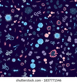 Various microorganisms seamless pattern. Microbes, infectious germs, protists, viruses, disease causing bacterias backdrop, wallpaper, packaging, textile design cartoon vector illustration