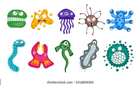 Various microorganisms virus vector cartoon bacteria germ emoticon character set. Bacterial ilness infection microbiology illustration. Microbe organism emotions isolated on white background