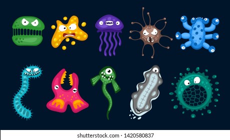 Various microorganisms virus vector cartoon bacteria germ emoticon character set. Bacterial ilness infection microbiology illustration. Microbe organism emotions isolated on dark blue background