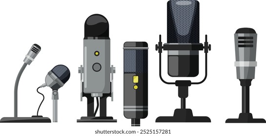 Various microphones set. Modern audio recording devices