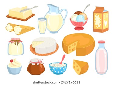 Various milk products. Cartoon dairy food. Cottage cheese. Butter piece. Sour cream. Yoghurt bottle. Jug and glass. Healthy nutrition. Organic curd bowl. Farm meal