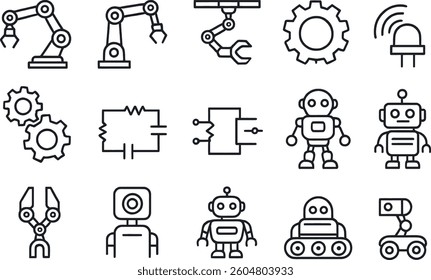 Various minimalist icons of robots, gears, circuits, and machinery depict the evolution of automation and robotics in technology. This design captures the essence of innovation.