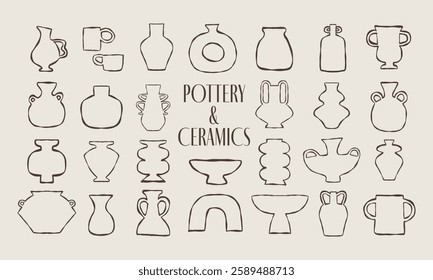 Various minimalistic pottery and ceramics. Hand drawn vector line art illustration. All elements are isolated.