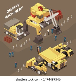 Various mining machinery equipment and miners 3d isometric vector illustration