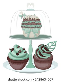 Various mint chocolate cupcakes displayed on a mint-colored two-tier cupcake stand. svg