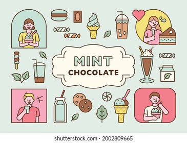 Various mint flavored dessert icons and people enjoying them. flat design style minimal vector illustration.