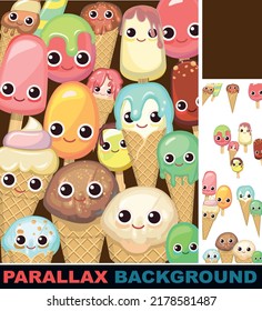 Various miscellaneous ice cream. Set parallax effect. Background illustration. In waffle glasses and cones. Popsicle on sticks. Summer food sweet dessert. Many different ones. Cartoon characters. Flat - Shutterstock ID 2178581487
