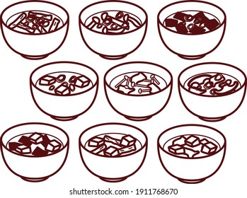 Various miso soup illustration set