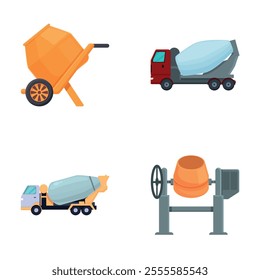 Various mixer icons set cartoon vector. Machinery for cement pouring. Construction machinery