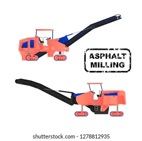 Various models of asphalt milling isolated on white background. Flat icons. Vector illustration. Modern flat style.