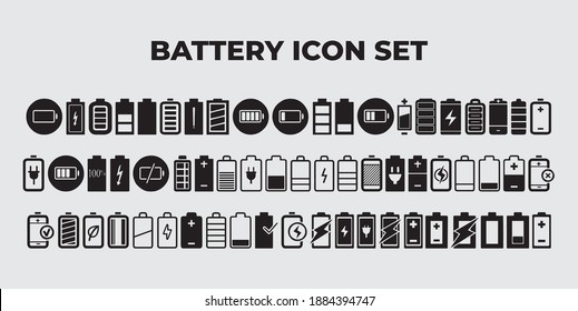 various models of battery icons, full battery, reduced battery, charging, etc.