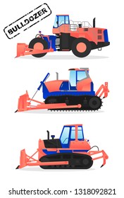 Various models of bulldozers isolated on white background. Flat icons. Vector illustration. Modern flat style.